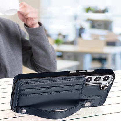 YB Leather Coating Series-5 For Samsung Galaxy S22 5G Card Slots Scratch-proof Cover Leather Coated TPU Kickstand Case