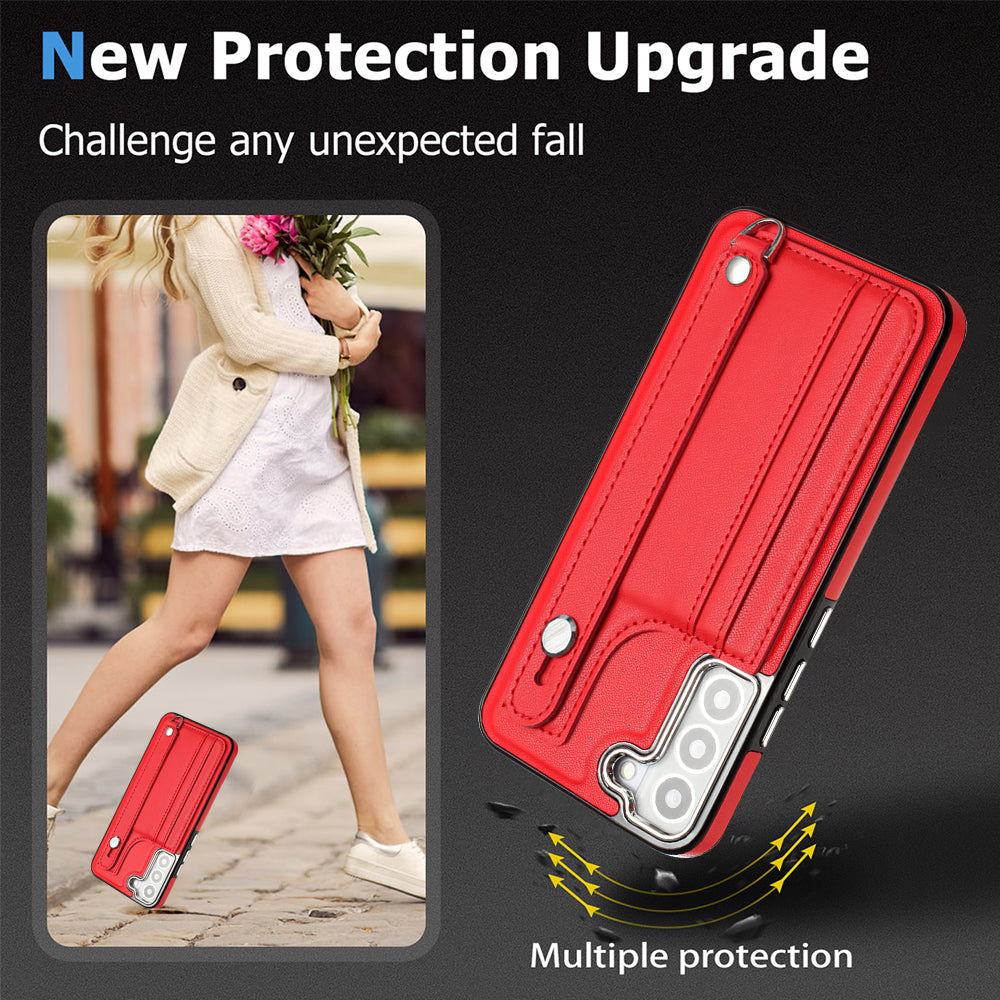 YB Leather Coating Series-5 For Samsung Galaxy S22 5G Card Slots Scratch-proof Cover Leather Coated TPU Kickstand Case