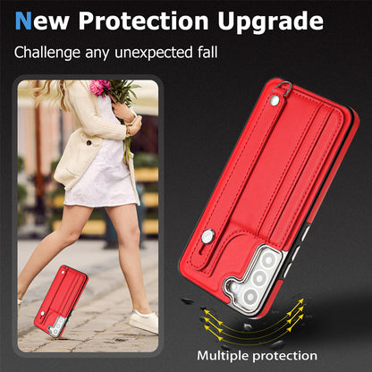 YB Leather Coating Series-5 For Samsung Galaxy S22 5G Card Slots Scratch-proof Cover Leather Coated TPU Kickstand Case