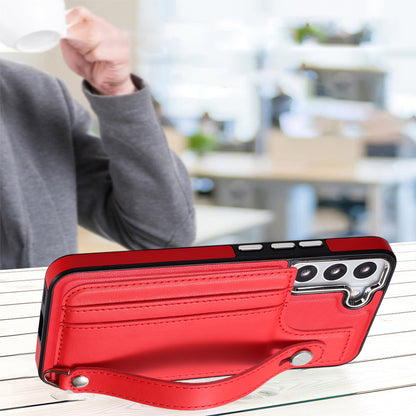 YB Leather Coating Series-5 For Samsung Galaxy S22 5G Card Slots Scratch-proof Cover Leather Coated TPU Kickstand Case