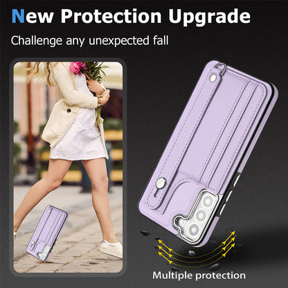 YB Leather Coating Series-5 For Samsung Galaxy S22 5G Card Slots Scratch-proof Cover Leather Coated TPU Kickstand Case