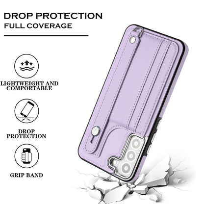 YB Leather Coating Series-5 For Samsung Galaxy S22 5G Card Slots Scratch-proof Cover Leather Coated TPU Kickstand Case