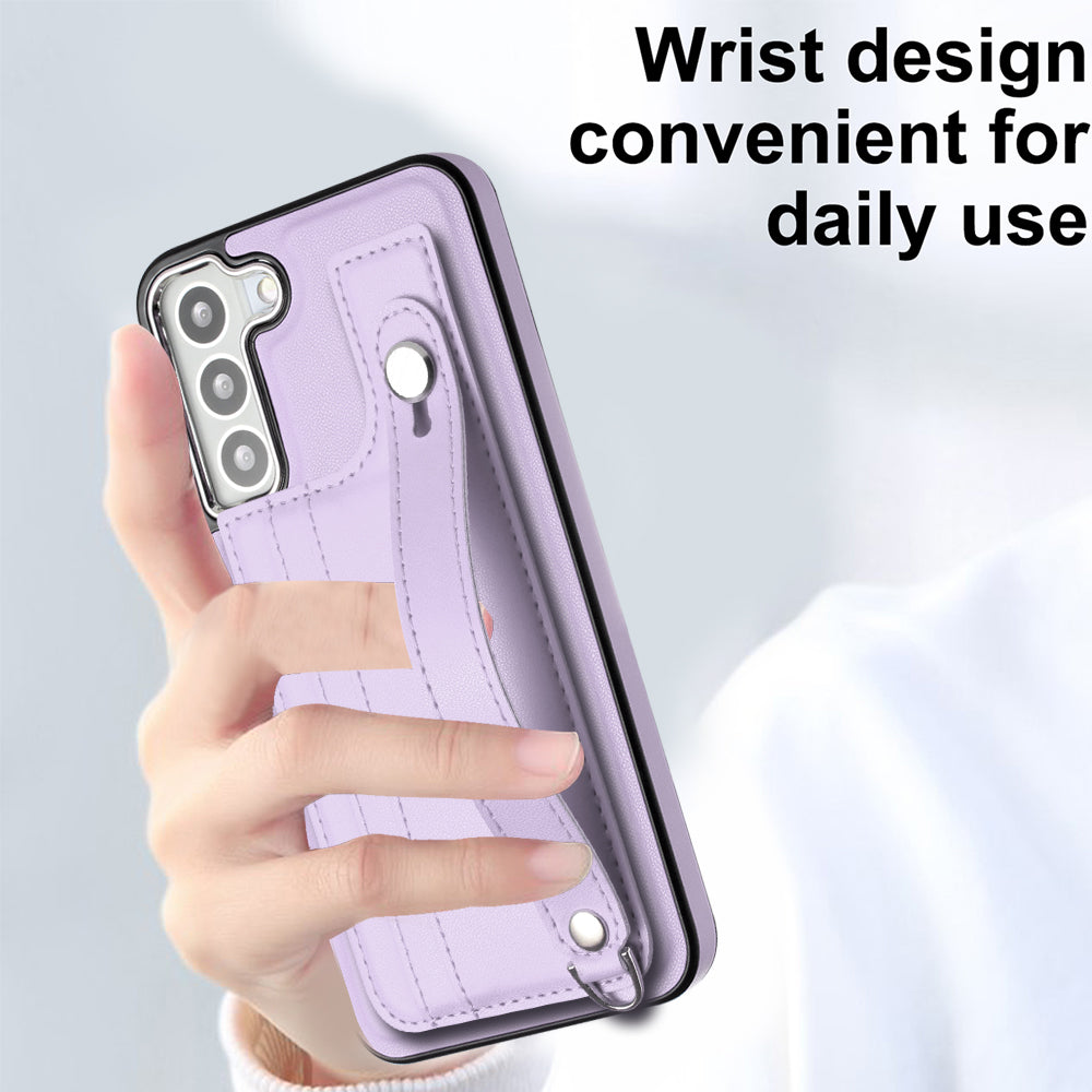 YB Leather Coating Series-5 For Samsung Galaxy S22 5G Card Slots Scratch-proof Cover Leather Coated TPU Kickstand Case