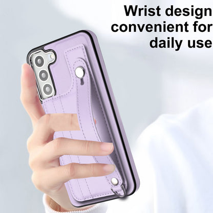 YB Leather Coating Series-5 For Samsung Galaxy S22 5G Card Slots Scratch-proof Cover Leather Coated TPU Kickstand Case