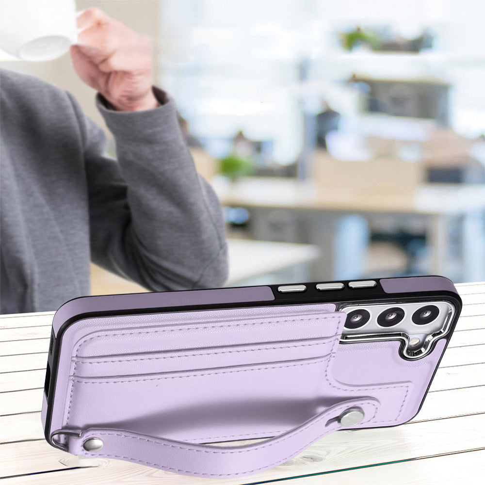 YB Leather Coating Series-5 For Samsung Galaxy S22 5G Card Slots Scratch-proof Cover Leather Coated TPU Kickstand Case