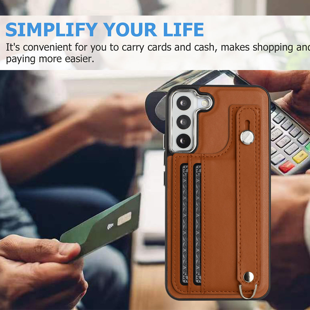 YB Leather Coating Series-5 For Samsung Galaxy S22 5G Card Slots Scratch-proof Cover Leather Coated TPU Kickstand Case