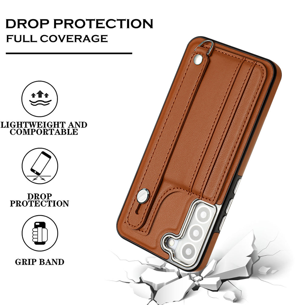 YB Leather Coating Series-5 For Samsung Galaxy S22 5G Card Slots Scratch-proof Cover Leather Coated TPU Kickstand Case