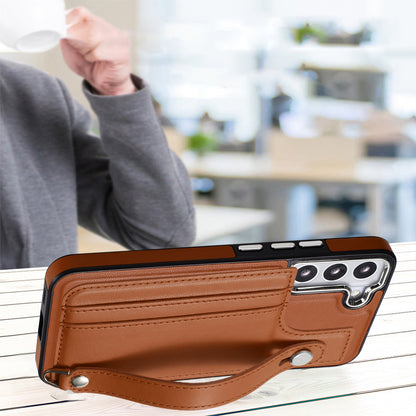 YB Leather Coating Series-5 For Samsung Galaxy S22 5G Card Slots Scratch-proof Cover Leather Coated TPU Kickstand Case