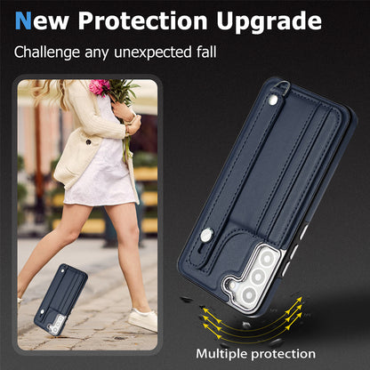 YB Leather Coating Series-5 For Samsung Galaxy S22 5G Card Slots Scratch-proof Cover Leather Coated TPU Kickstand Case