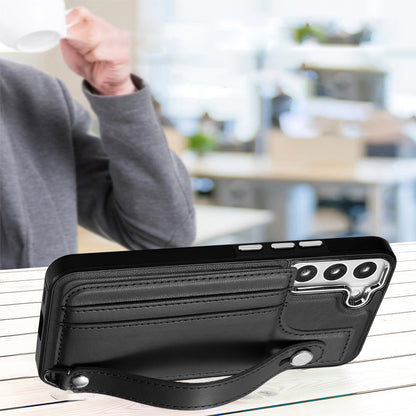 YB Leather Coating Series-5 For Samsung Galaxy S22 5G Card Slots Scratch-proof Cover Leather Coated TPU Kickstand Case