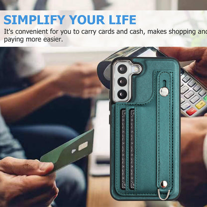 YB Leather Coating Series-5 For Samsung Galaxy S22 5G Card Slots Scratch-proof Cover Leather Coated TPU Kickstand Case