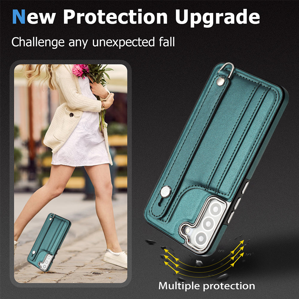 YB Leather Coating Series-5 For Samsung Galaxy S22 5G Card Slots Scratch-proof Cover Leather Coated TPU Kickstand Case