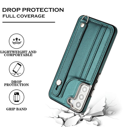 YB Leather Coating Series-5 For Samsung Galaxy S22 5G Card Slots Scratch-proof Cover Leather Coated TPU Kickstand Case