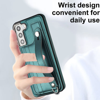 YB Leather Coating Series-5 For Samsung Galaxy S22 5G Card Slots Scratch-proof Cover Leather Coated TPU Kickstand Case