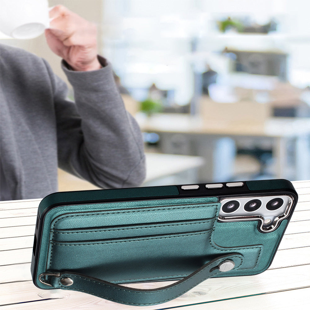 YB Leather Coating Series-5 For Samsung Galaxy S22 5G Card Slots Scratch-proof Cover Leather Coated TPU Kickstand Case