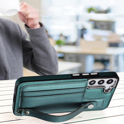 YB Leather Coating Series-5 For Samsung Galaxy S22 5G Card Slots Scratch-proof Cover Leather Coated TPU Kickstand Case