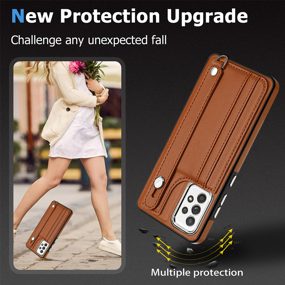 YB Leather Coating Series-5 For Samsung Galaxy A73 5G Mobile Phone Cover Card Slots PU Leather+TPU Kickstand Case