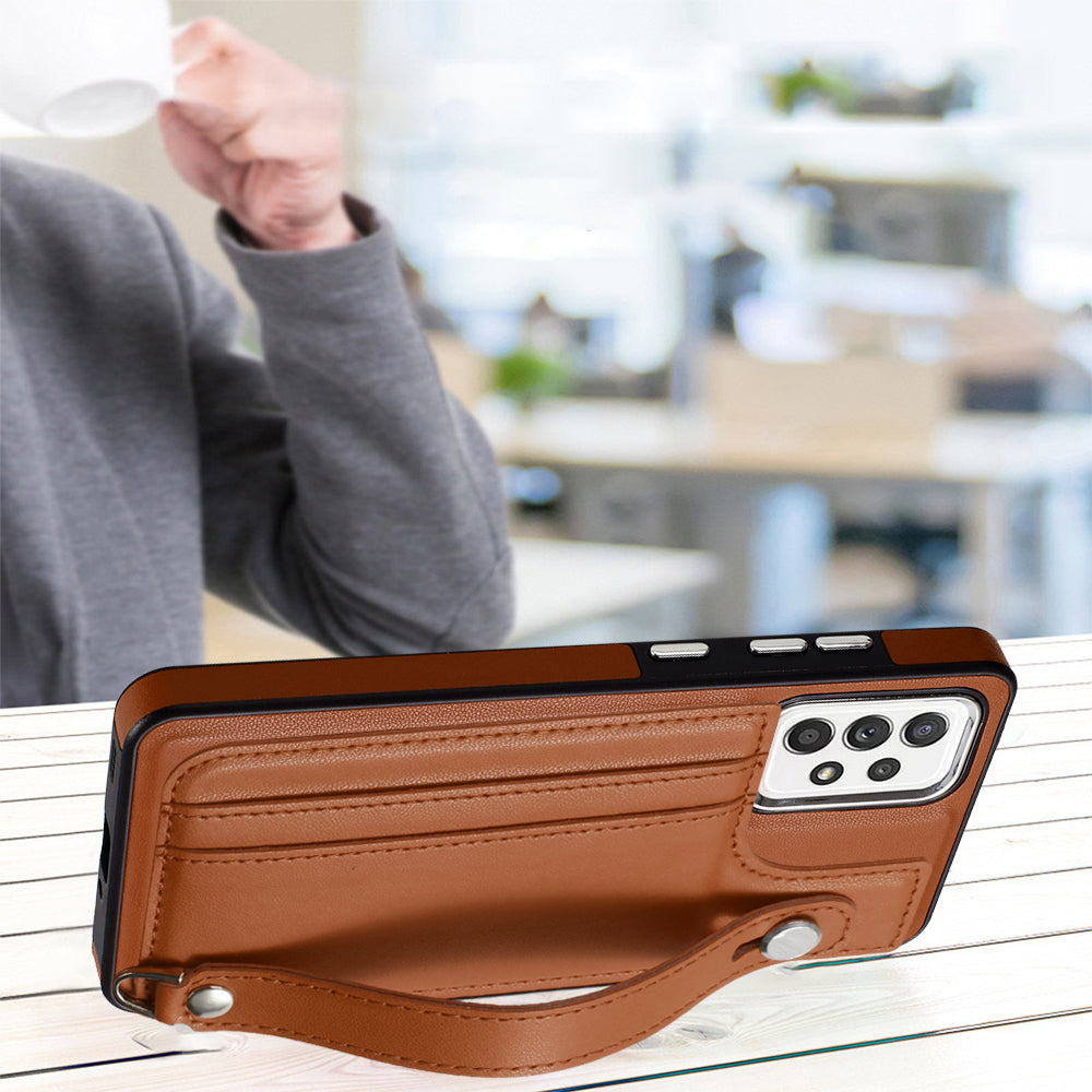 YB Leather Coating Series-5 For Samsung Galaxy A73 5G Mobile Phone Cover Card Slots PU Leather+TPU Kickstand Case