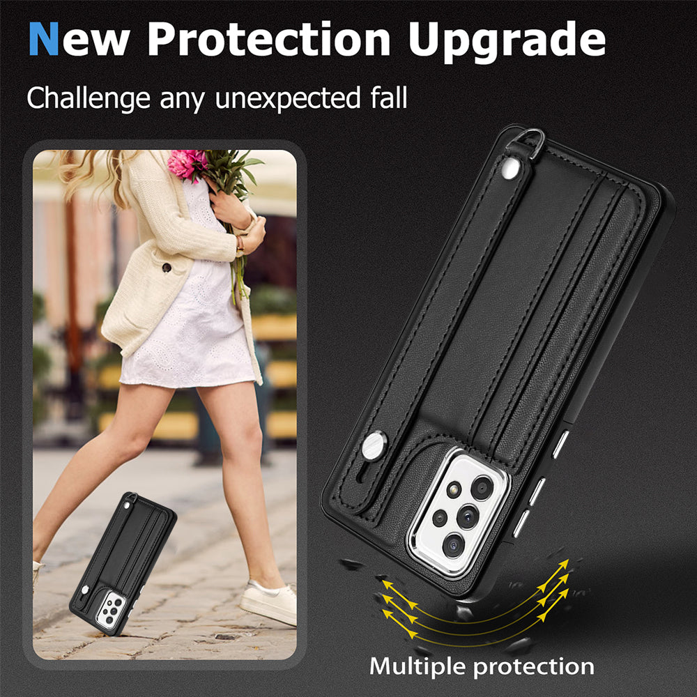 YB Leather Coating Series-5 For Samsung Galaxy A73 5G Mobile Phone Cover Card Slots PU Leather+TPU Kickstand Case