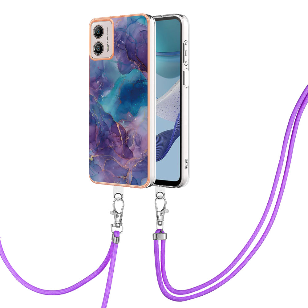 YB IMD Series-18 Style E for Motorola Moto G53 5G / G13 4G Phone Case 2.0mm TPU Marble Pattern Electroplating Cover with Lanyard