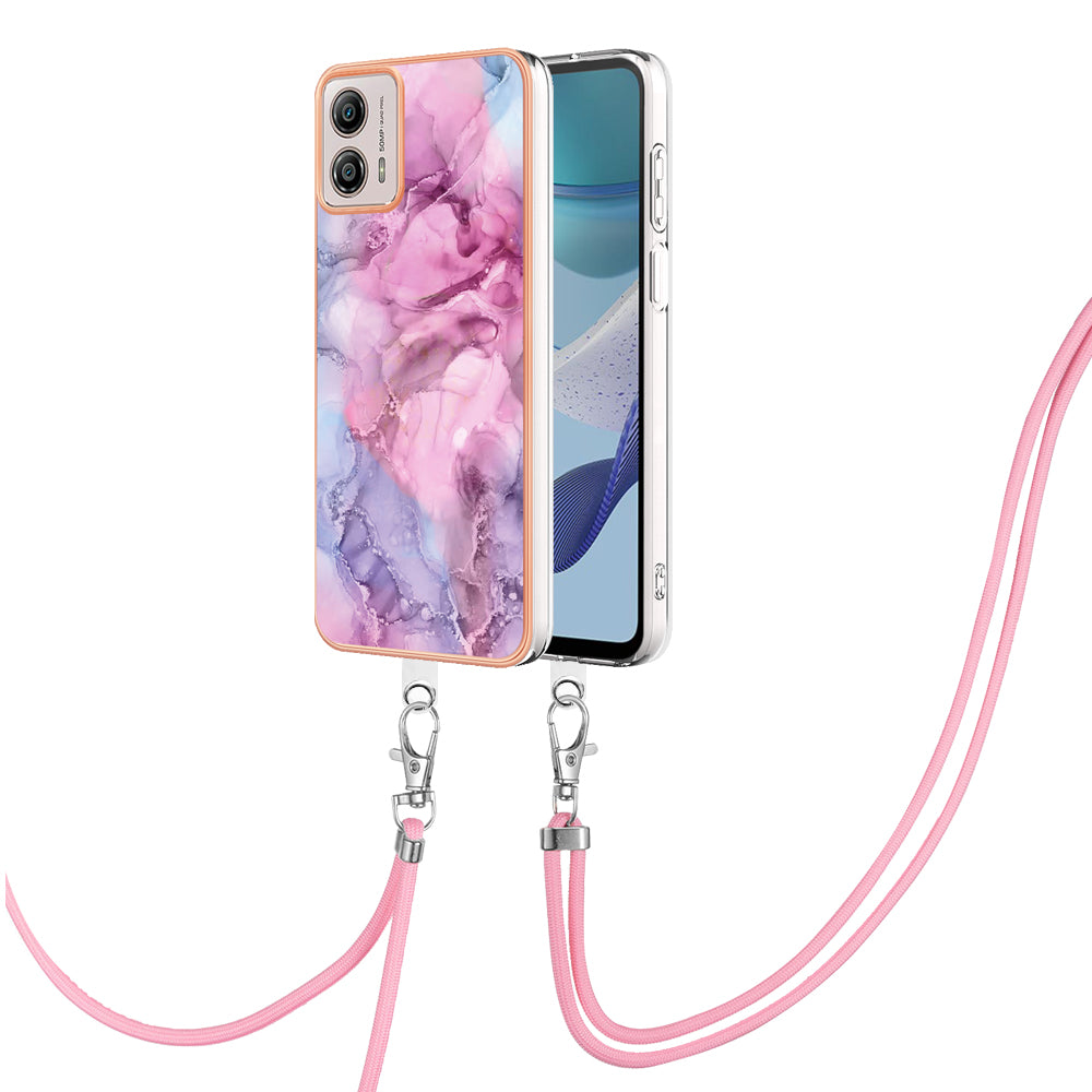 YB IMD Series-18 Style E for Motorola Moto G53 5G / G13 4G Phone Case 2.0mm TPU Marble Pattern Electroplating Cover with Lanyard