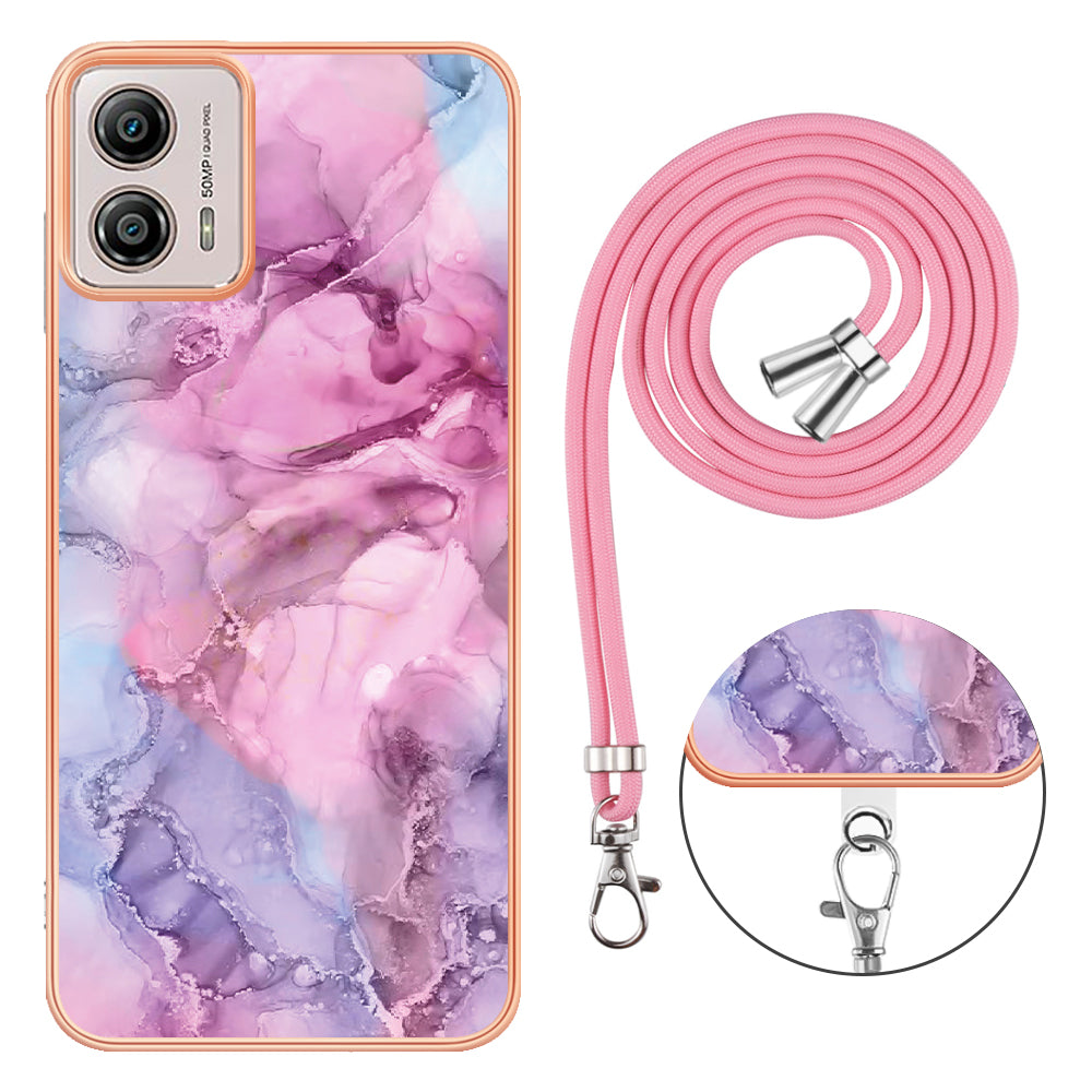 YB IMD Series-18 Style E for Motorola Moto G53 5G / G13 4G Phone Case 2.0mm TPU Marble Pattern Electroplating Cover with Lanyard