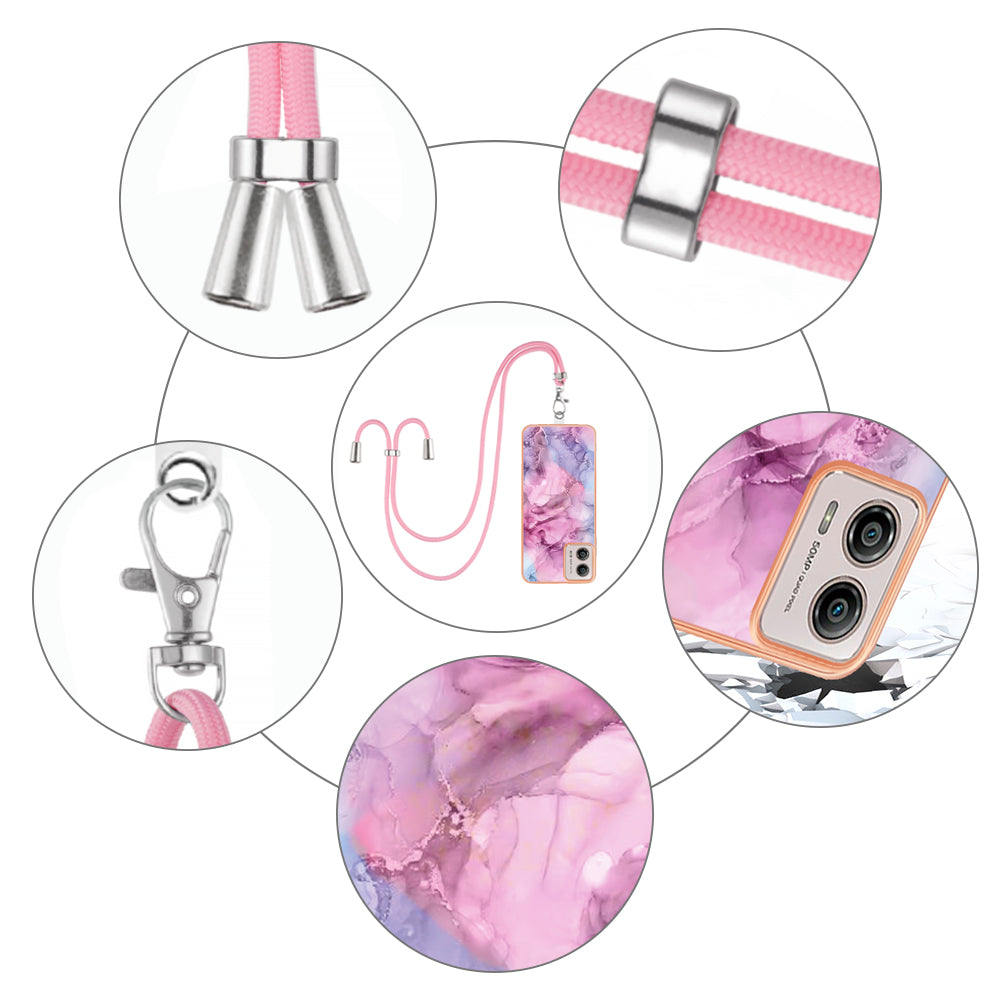 YB IMD Series-18 Style E for Motorola Moto G53 5G / G13 4G Phone Case 2.0mm TPU Marble Pattern Electroplating Cover with Lanyard