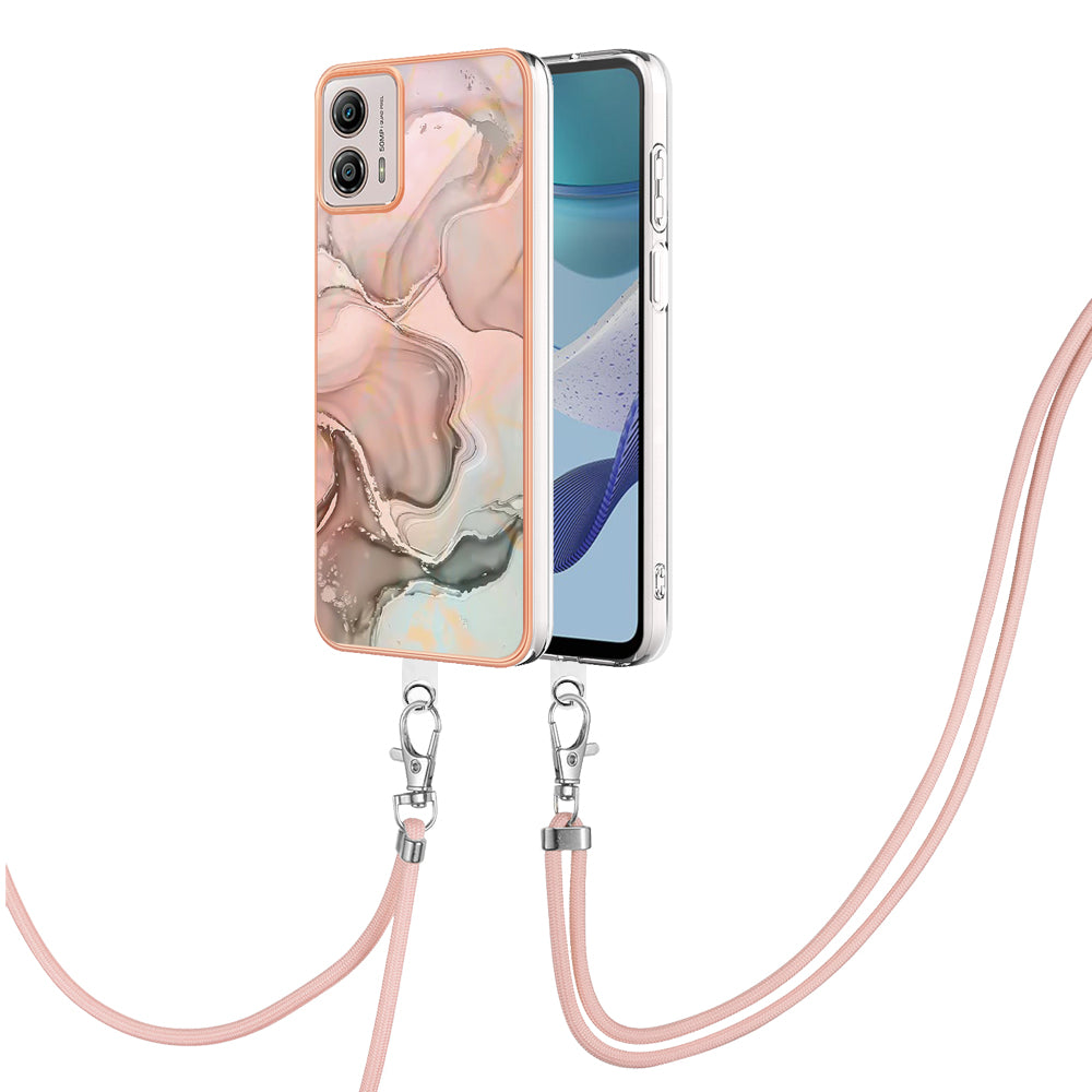 YB IMD Series-18 Style E for Motorola Moto G53 5G / G13 4G Phone Case 2.0mm TPU Marble Pattern Electroplating Cover with Lanyard