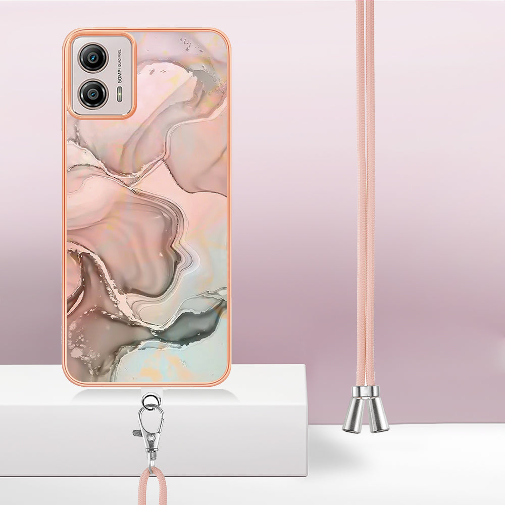 YB IMD Series-18 Style E for Motorola Moto G53 5G / G13 4G Phone Case 2.0mm TPU Marble Pattern Electroplating Cover with Lanyard