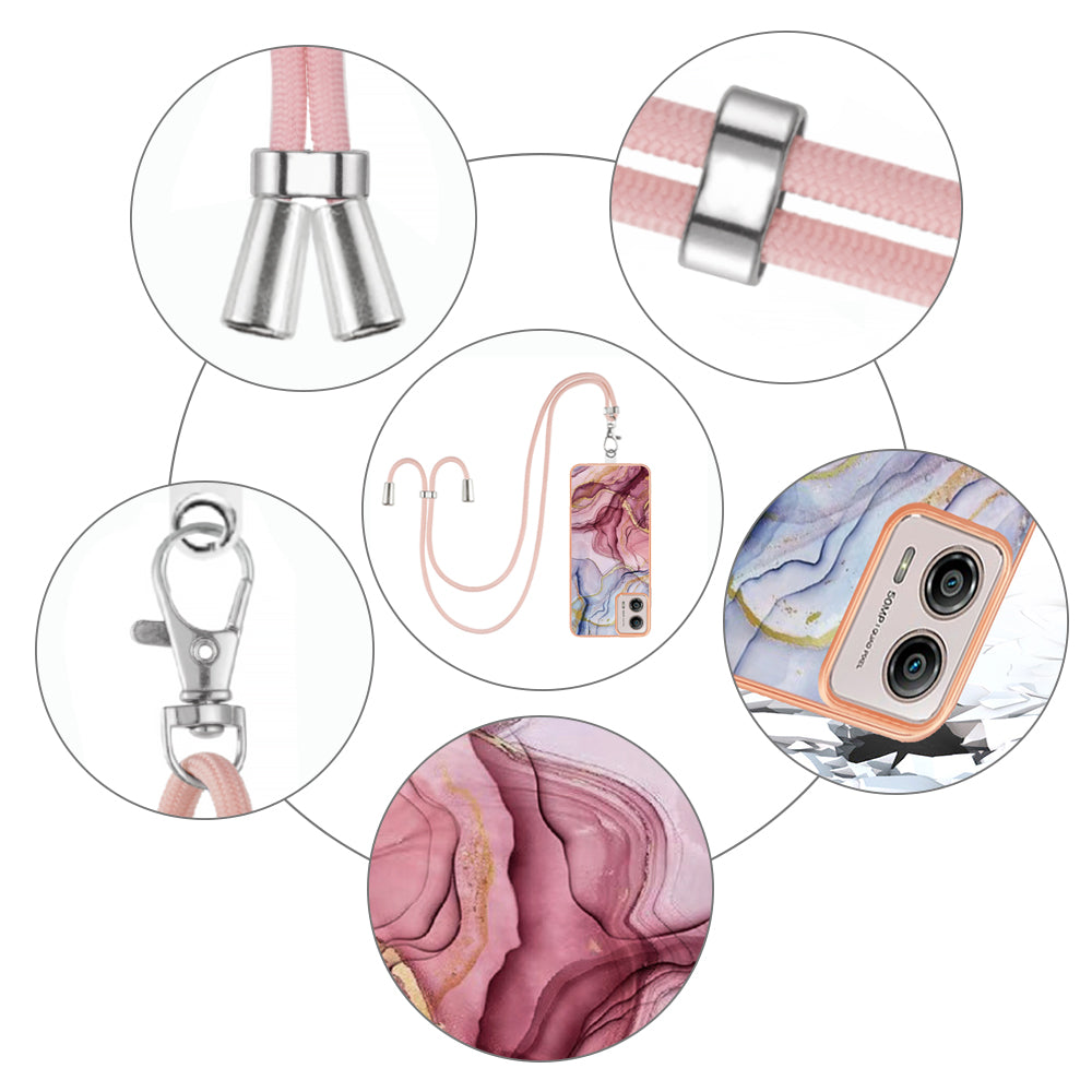 YB IMD Series-18 Style E for Motorola Moto G53 5G / G13 4G Phone Case 2.0mm TPU Marble Pattern Electroplating Cover with Lanyard