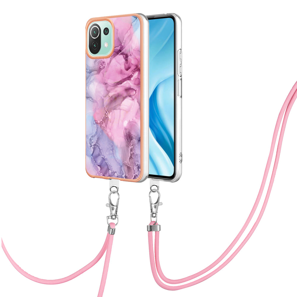 YB IMD Series-18 Style E Phone Case for Xiaomi Mi 11 Lite 4G / 5G / 11 Lite 5G NE , Marble Pattern IMD 2.0mm TPU Cover with Lanyard