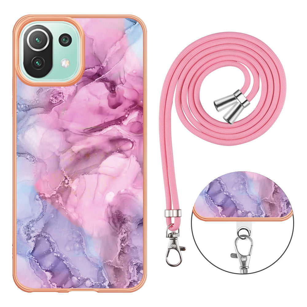 YB IMD Series-18 Style E Phone Case for Xiaomi Mi 11 Lite 4G / 5G / 11 Lite 5G NE , Marble Pattern IMD 2.0mm TPU Cover with Lanyard