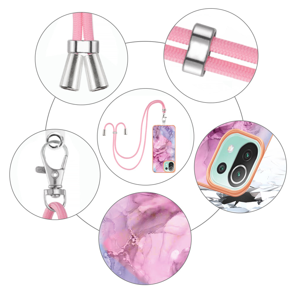 YB IMD Series-18 Style E Phone Case for Xiaomi Mi 11 Lite 4G / 5G / 11 Lite 5G NE , Marble Pattern IMD 2.0mm TPU Cover with Lanyard