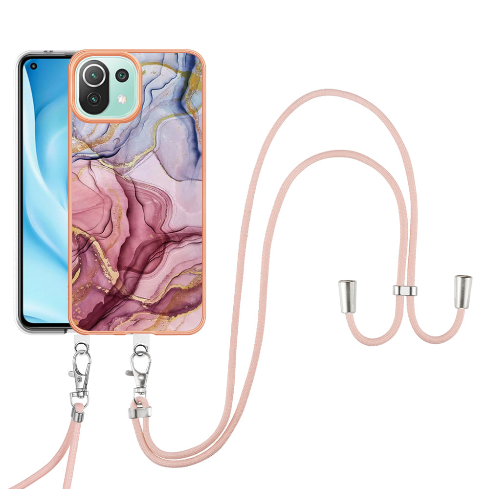 YB IMD Series-18 Style E Phone Case for Xiaomi Mi 11 Lite 4G / 5G / 11 Lite 5G NE , Marble Pattern IMD 2.0mm TPU Cover with Lanyard