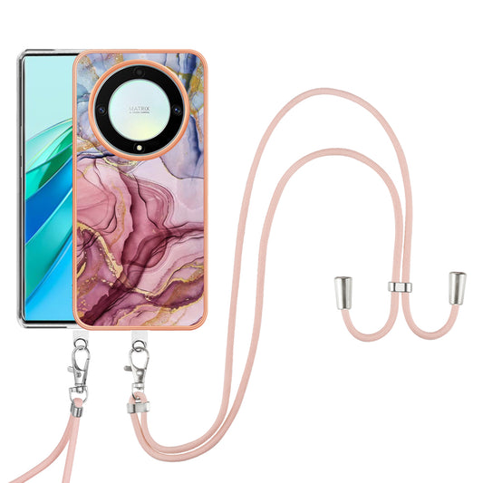 YB IMD Series-18 Style E Electroplating Phone Case for Honor X9a 5G / Magic5 Lite 5G , 2.0mm TPU Marble Pattern Cover with Lanyard