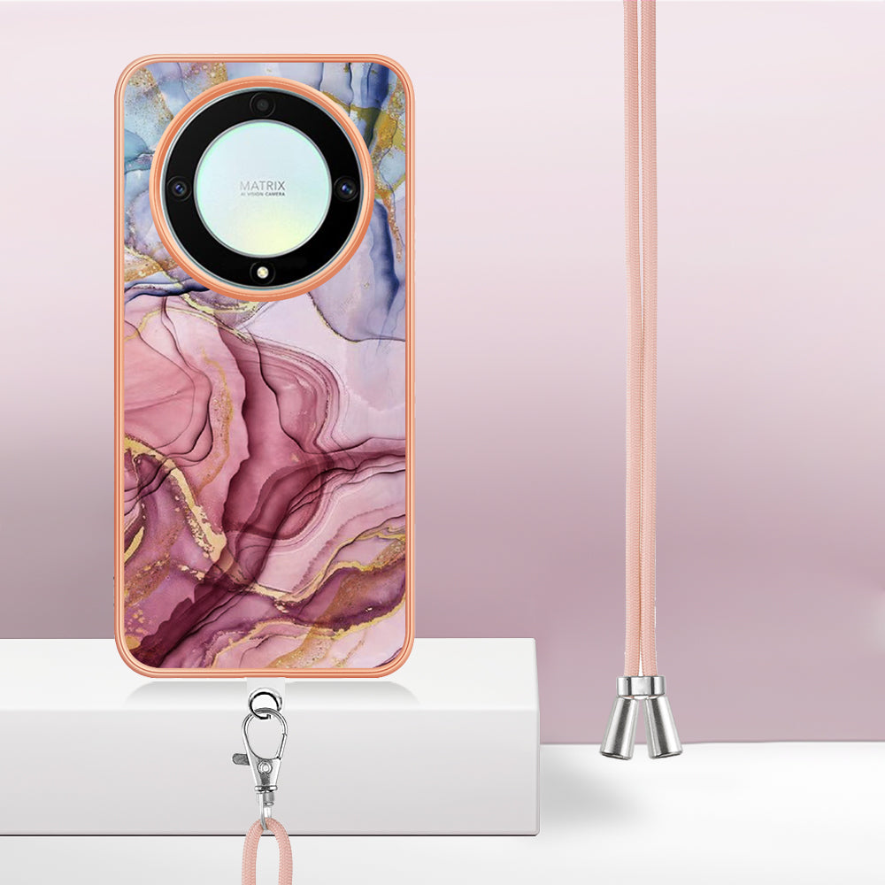 YB IMD Series-18 Style E Electroplating Phone Case for Honor X9a 5G / Magic5 Lite 5G , 2.0mm TPU Marble Pattern Cover with Lanyard