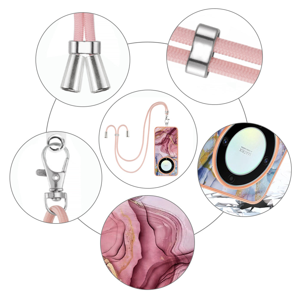 YB IMD Series-18 Style E Electroplating Phone Case for Honor X9a 5G / Magic5 Lite 5G , 2.0mm TPU Marble Pattern Cover with Lanyard