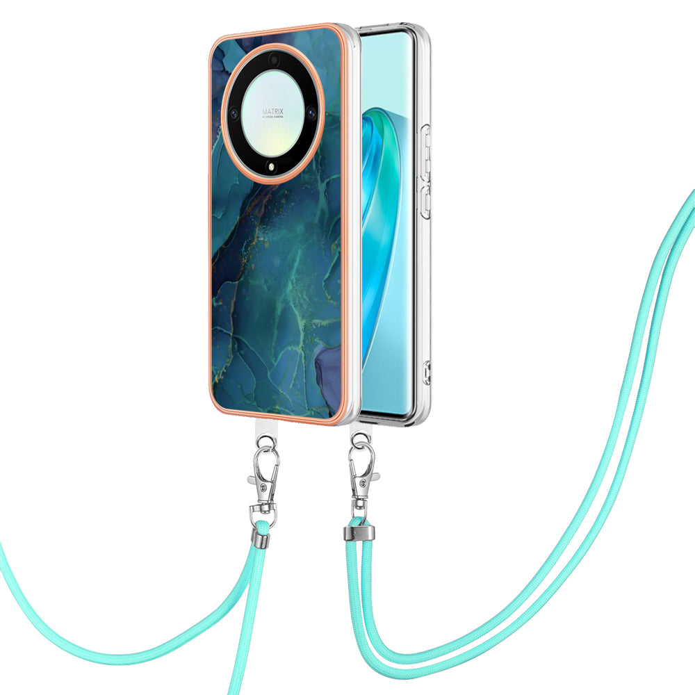YB IMD Series-18 Style E Electroplating Phone Case for Honor X9a 5G / Magic5 Lite 5G , 2.0mm TPU Marble Pattern Cover with Lanyard