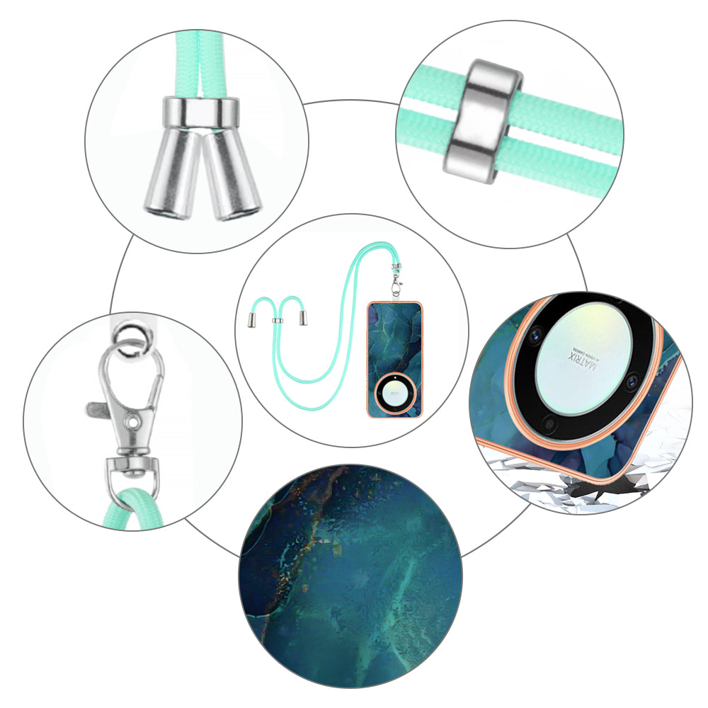 YB IMD Series-18 Style E Electroplating Phone Case for Honor X9a 5G / Magic5 Lite 5G , 2.0mm TPU Marble Pattern Cover with Lanyard