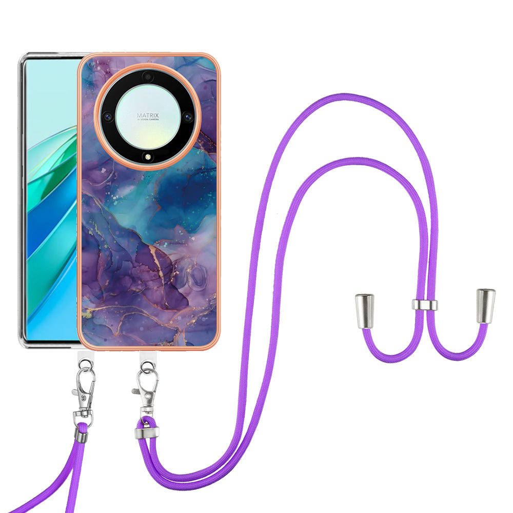 YB IMD Series-18 Style E Electroplating Phone Case for Honor X9a 5G / Magic5 Lite 5G , 2.0mm TPU Marble Pattern Cover with Lanyard
