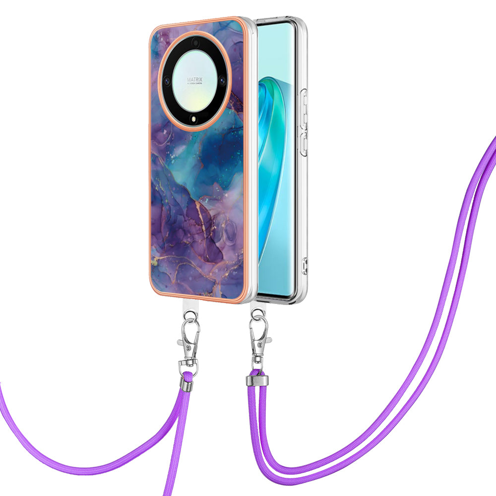 YB IMD Series-18 Style E Electroplating Phone Case for Honor X9a 5G / Magic5 Lite 5G , 2.0mm TPU Marble Pattern Cover with Lanyard