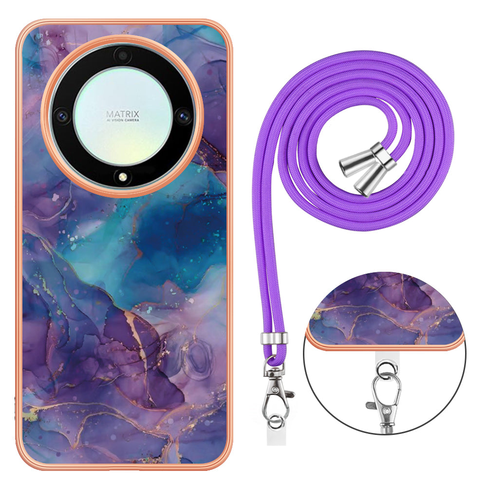 YB IMD Series-18 Style E Electroplating Phone Case for Honor X9a 5G / Magic5 Lite 5G , 2.0mm TPU Marble Pattern Cover with Lanyard