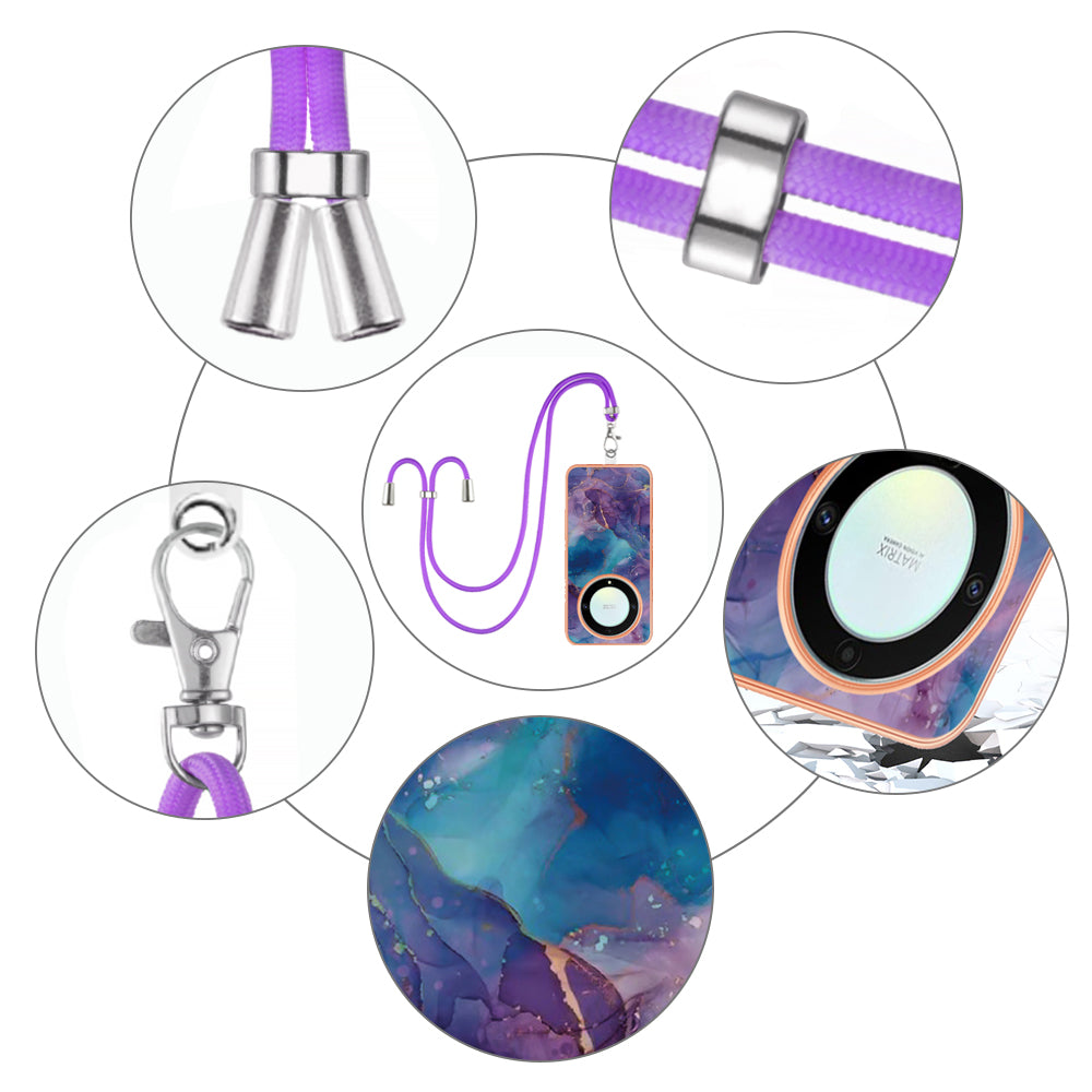 YB IMD Series-18 Style E Electroplating Phone Case for Honor X9a 5G / Magic5 Lite 5G , 2.0mm TPU Marble Pattern Cover with Lanyard