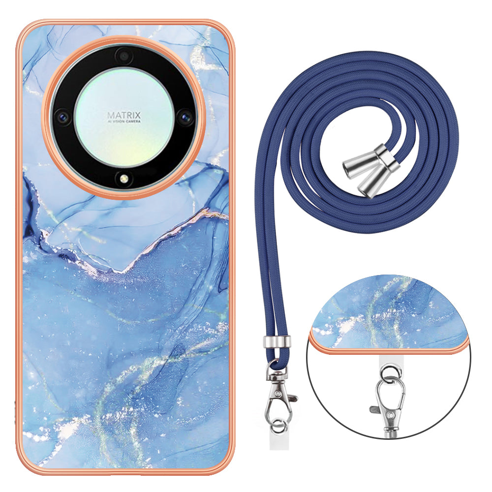 YB IMD Series-18 Style E Electroplating Phone Case for Honor X9a 5G / Magic5 Lite 5G , 2.0mm TPU Marble Pattern Cover with Lanyard