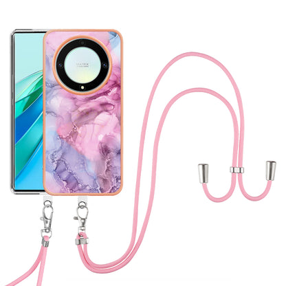 YB IMD Series-18 Style E Electroplating Phone Case for Honor X9a 5G / Magic5 Lite 5G , 2.0mm TPU Marble Pattern Cover with Lanyard