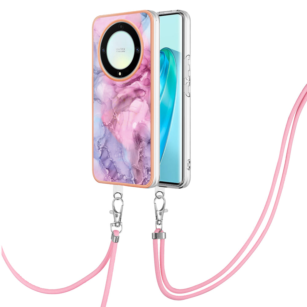 YB IMD Series-18 Style E Electroplating Phone Case for Honor X9a 5G / Magic5 Lite 5G , 2.0mm TPU Marble Pattern Cover with Lanyard