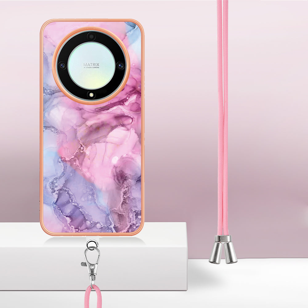 YB IMD Series-18 Style E Electroplating Phone Case for Honor X9a 5G / Magic5 Lite 5G , 2.0mm TPU Marble Pattern Cover with Lanyard