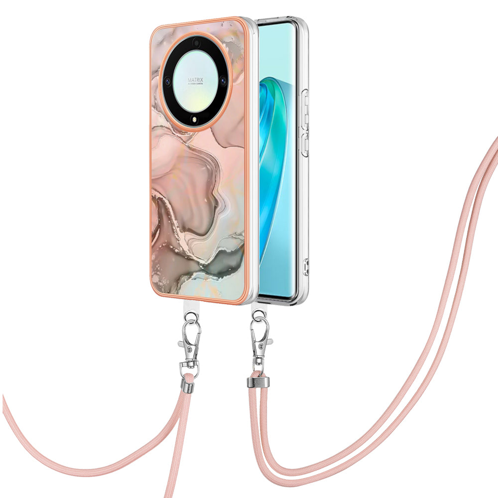 YB IMD Series-18 Style E Electroplating Phone Case for Honor X9a 5G / Magic5 Lite 5G , 2.0mm TPU Marble Pattern Cover with Lanyard