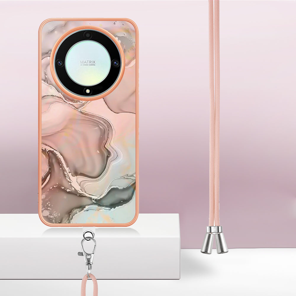 YB IMD Series-18 Style E Electroplating Phone Case for Honor X9a 5G / Magic5 Lite 5G , 2.0mm TPU Marble Pattern Cover with Lanyard