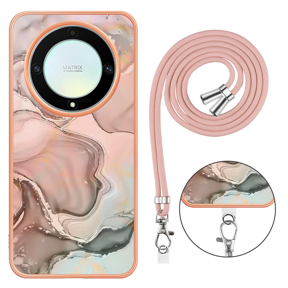 YB IMD Series-18 Style E Electroplating Phone Case for Honor X9a 5G / Magic5 Lite 5G , 2.0mm TPU Marble Pattern Cover with Lanyard